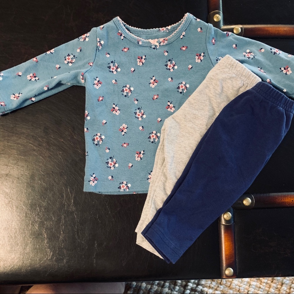 Baby Girl 3M Floral Blue Shirt & Grey/Blue Legging